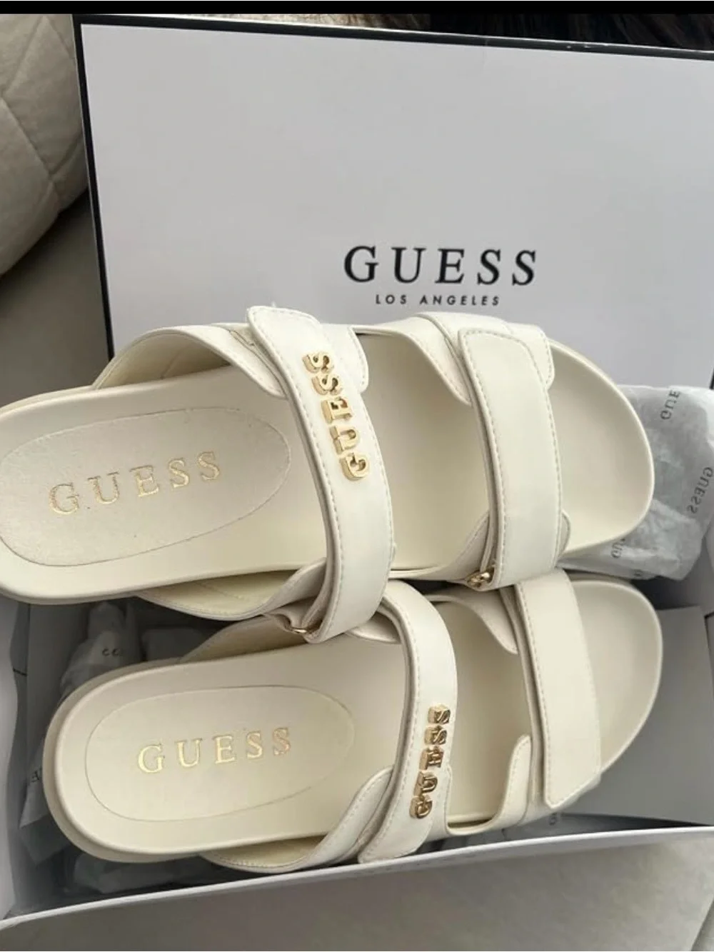 GUESS Cream Slide Sandals with Gold Logo Hardware